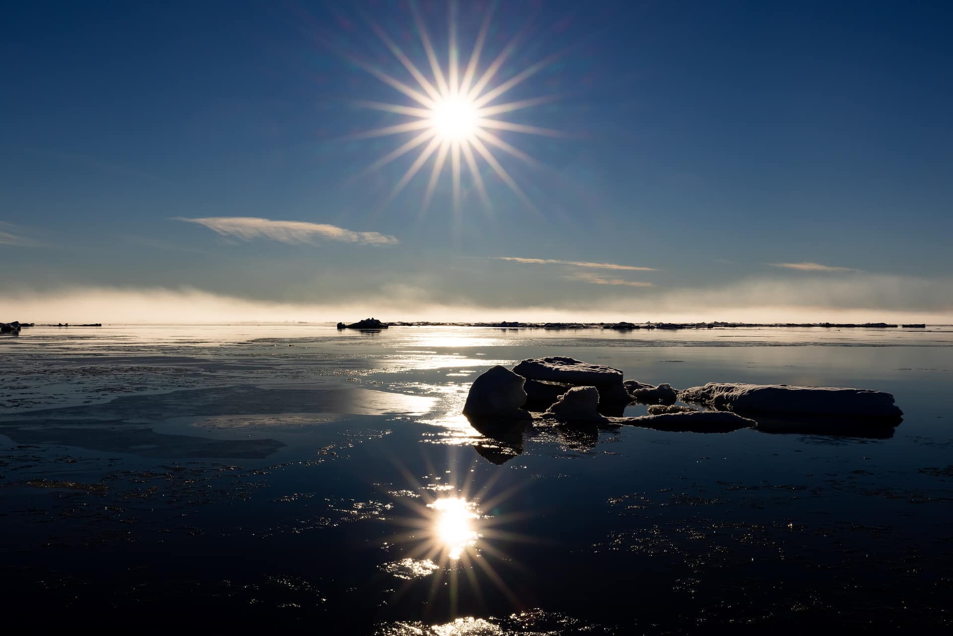 The midnight sun over sea ice on the Arctic Ocean