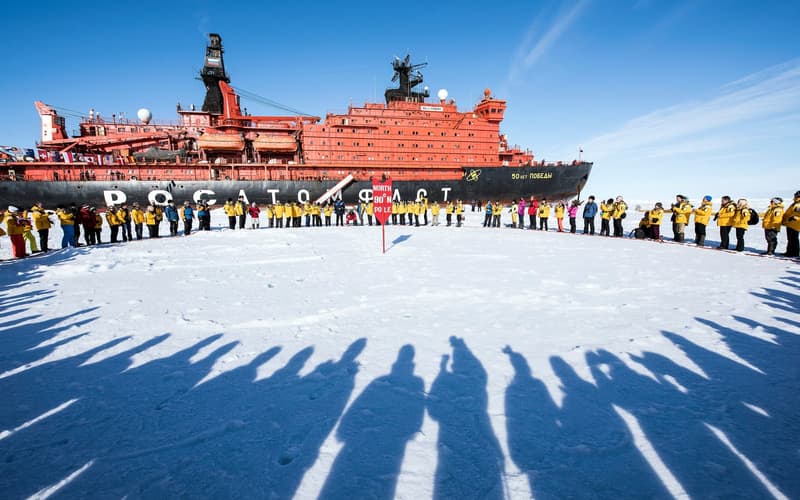 An icebreaker in the pack ice at the geographic North Pole
